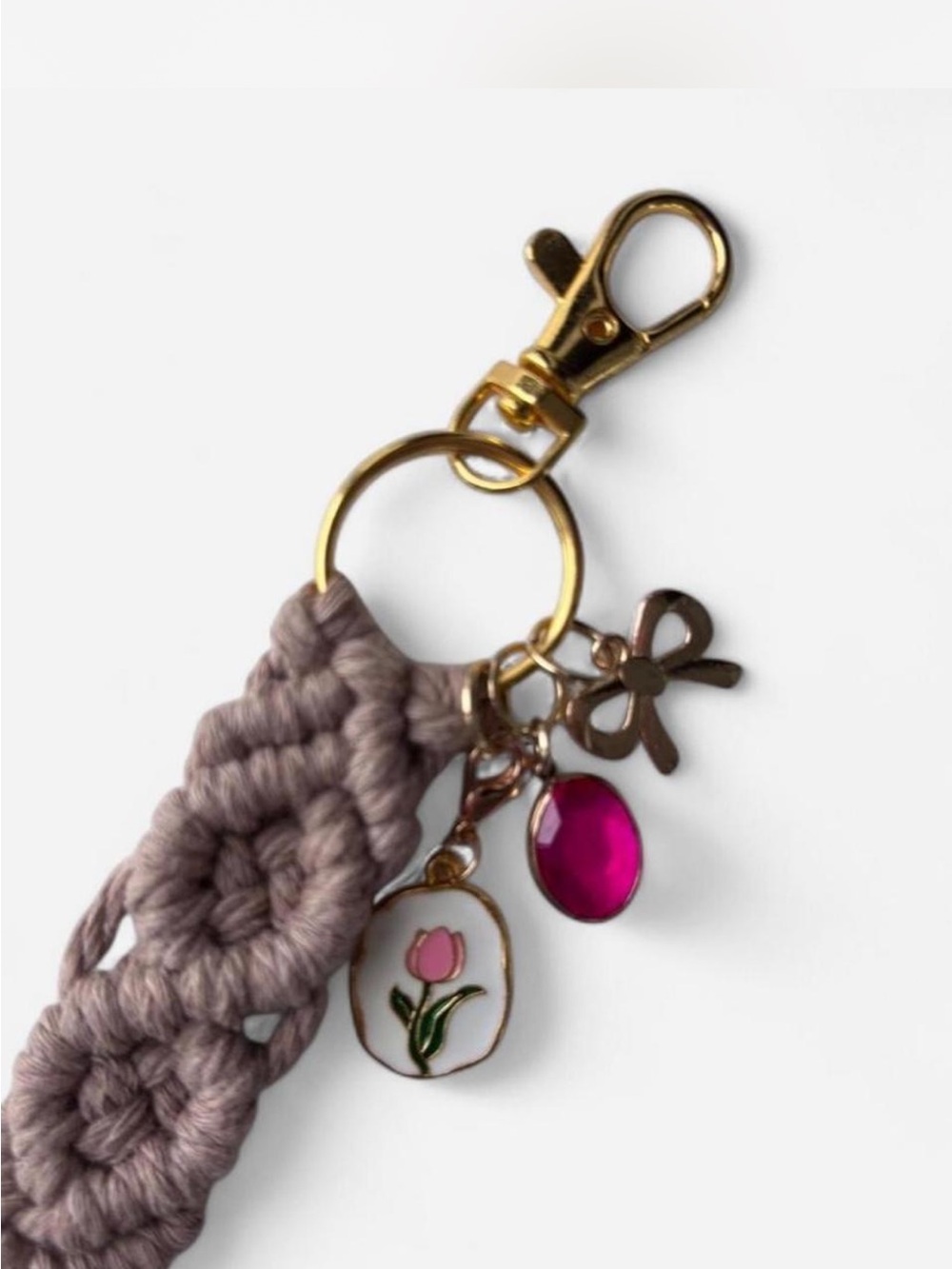 Handmade Macrame Tassel Keychain with Tulip Bow and Gem Charms Mauve Boho